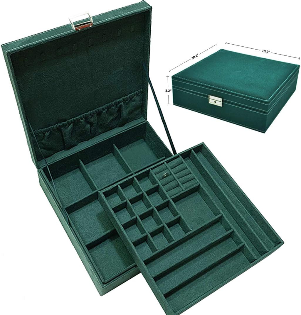 Jewelry Box for Women Girls, QBeel 2 Layer 36 Compartments Necklace Jewelry Organizer Box with Lock Jewelry Holder Display Storage Case for Earrings Bracelets Rings - Green: Home Improvement