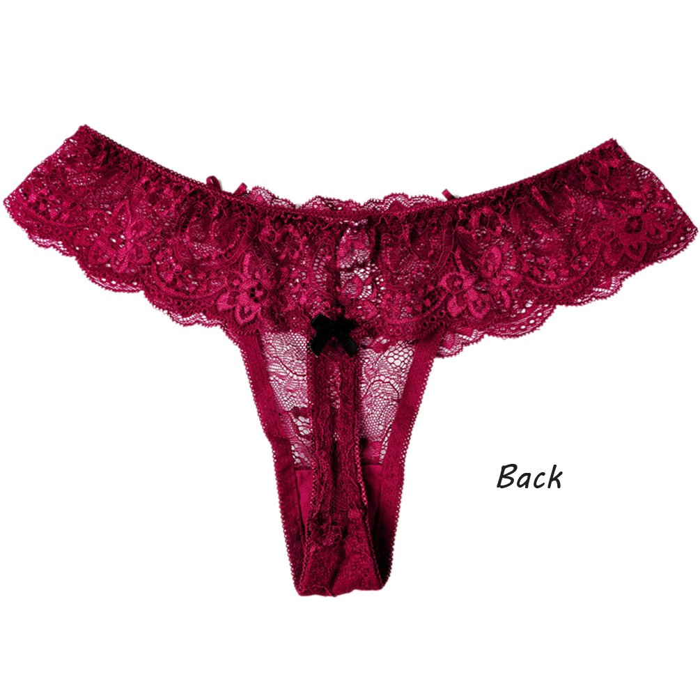 ENJOYNIGHT Women\'s Lace Thong Panty Bow Lace Underwear 2 Pack (Small=Tag M, Red+light Purple)