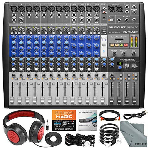 PreSonus StudioLive AR16 USB 18-Channel Hybrid Performance and Recording Mixer with Headphones and Cables Basic Bundle