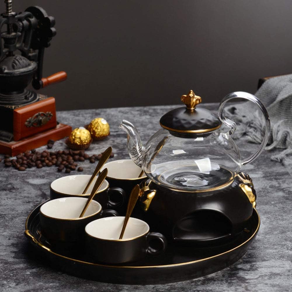 Moka Pot,MMKICC Nordic Simple Coffee Cup Set teapot Set English Afternoon Tea Gold Ceramic Heated Glass Flower teapot with Tray Candle,One Pot (4 Cups)