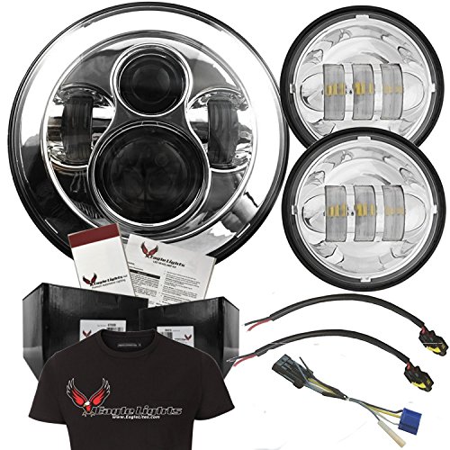 Eagle Lights Chrome Harley Daymaker 7" Round LED Headlight w/ 2Pcs LED Passing / Fog Lamps & Free T-Shirt - Harley Davidson Motorcycles (Chrome) Includes 69200897 Adapter Harness