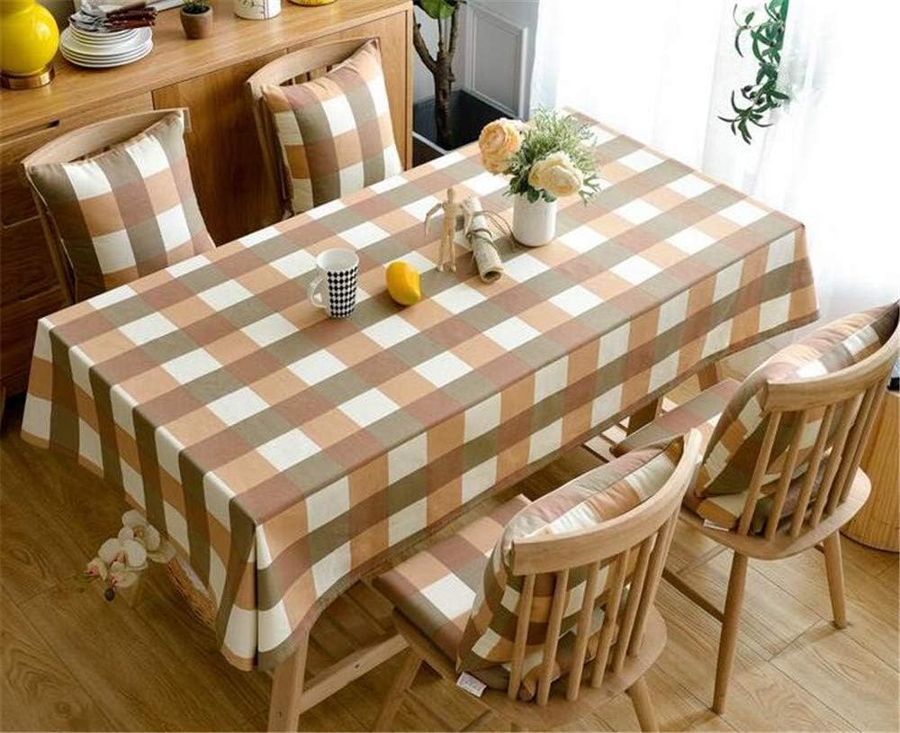 Anleo Washable Cotton Fabric Tablecloth, Dust-Proof Decorative White & Brown Grid Pattern Table Cover for Kitchen Dinning Tabletop Buffet Decoration (Square, 55"x55")