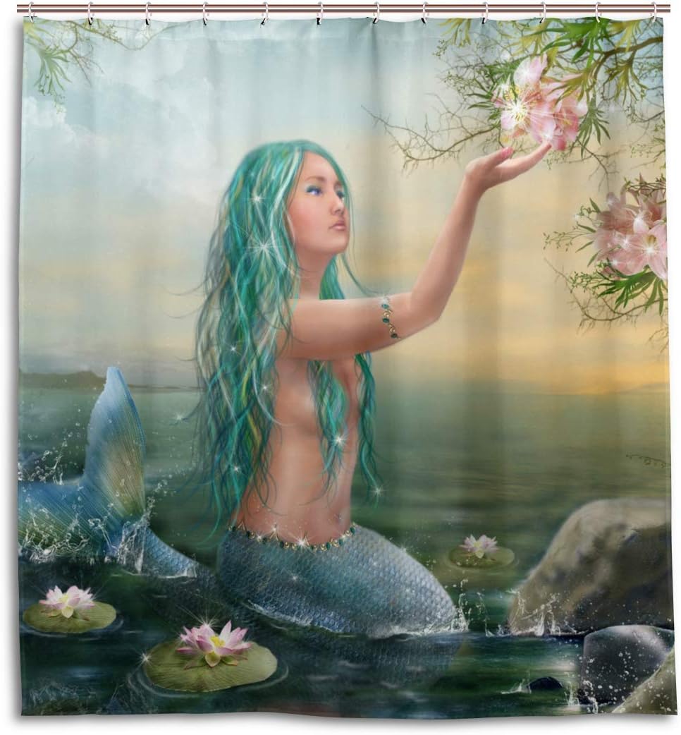 XiangHeFu Shower Curtain with Hooks 66 x 72 Inch Art Abstract Sunset Mermaid Lotus Flower （Waterproof and Mildew Resistant 100%） for Woman Man Bathroom Home Decor