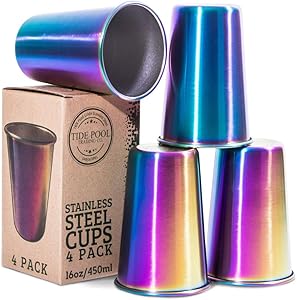 Rainbow Stainless Steel Cups 16 oz 4-Pack | Ideal for Kids & Adults | Reusable Drinking Supplies for Birthday Party, Camping, Travel, Outdoors | Durable & Unbreakable | BPA Free