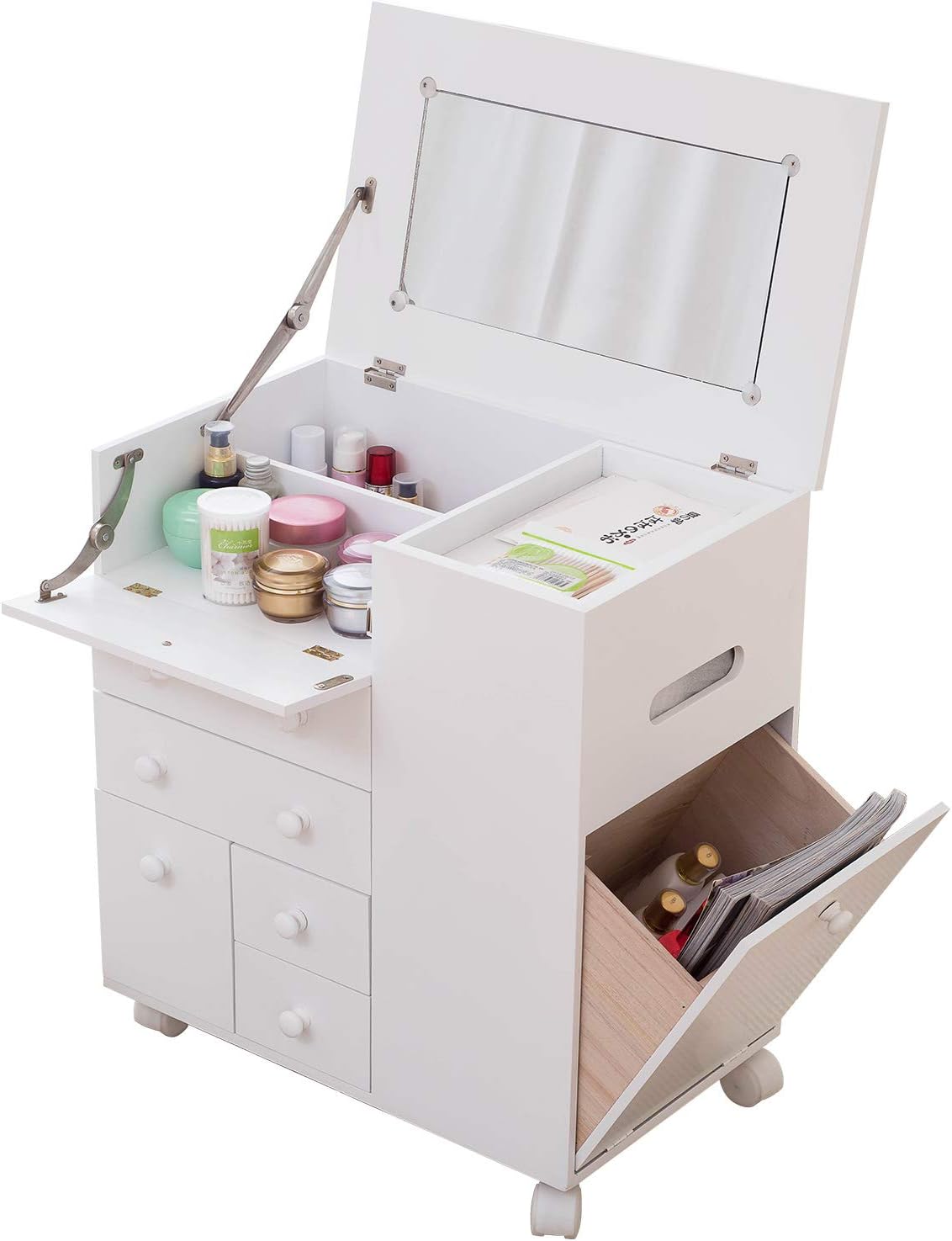 IBUYKE Wooden Dressing Table Bedside Table Moveable Nightstand Cabinet with 8 Drawers with Mirror Set Makeup Cosmetics Dresser Furniture White RF-054