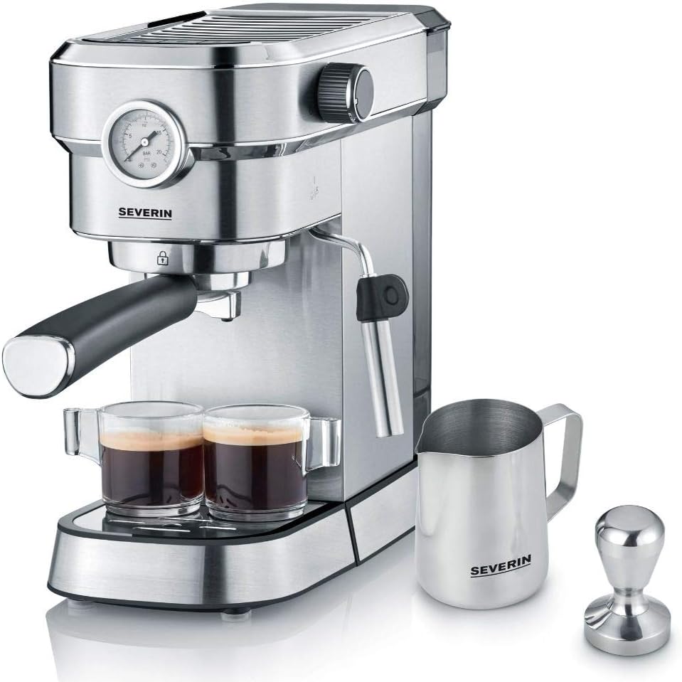 SEVERIN Espressomaschine "Espresa Plus", Siebträgermaschine mit 3 Einsätzen, Kaffeemaschine mit Milchschäumer und Manometer, inkl. Barista-Starterset, Edelstahl-gebürstet/schwarz, KA 5995