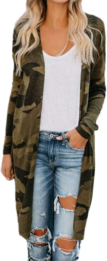 Women Coat Womens Ladies Long Cardigan Camouflage Long Sleeve Coat Parka Outerwear
