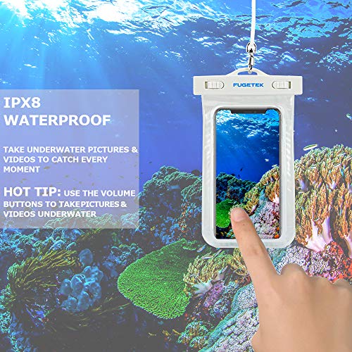 Fugetek Universal Waterproof Cell Phone Case Pouch, IPX8, Dry Bag for iPhone 6, 7, 8, X, and Android Samsung Galaxy, Pixel, HTC Smartphones, White, (2 Pack)
