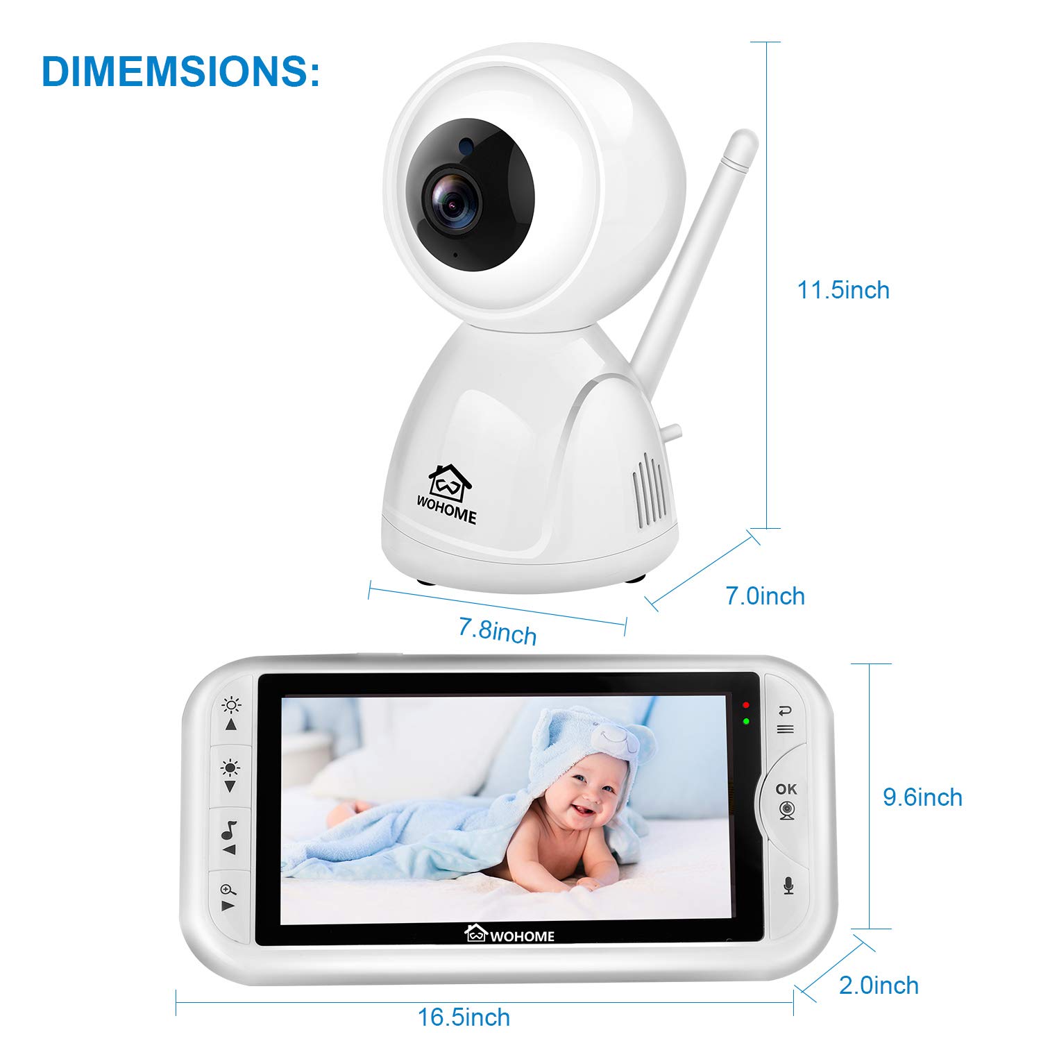 Wohome LY-129 Video Baby Monitor with Camera and Audio, Remote Pan, Tilt, One-click Zoom, 720 HD 5"Display, 2-Way Talk, 900ft Range, Tem/sound alert, Night Vision, Thermal Monitor and Wall Mount kit : Baby