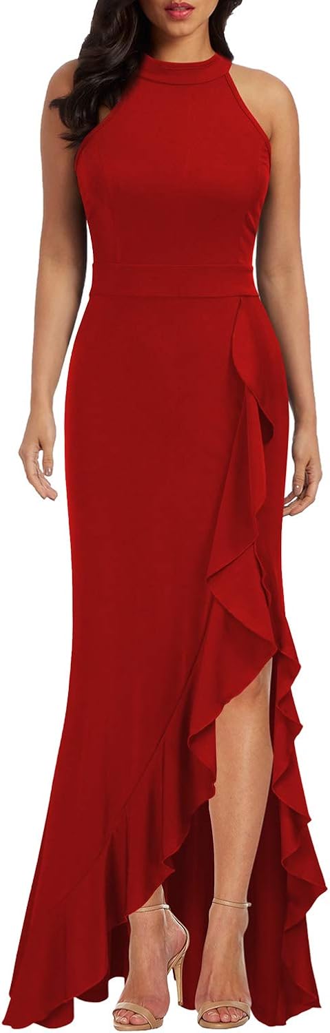 WOOSEA Women's High Neck Split Bodycon Mermaid Evening Cocktail Long Dress: Clothing