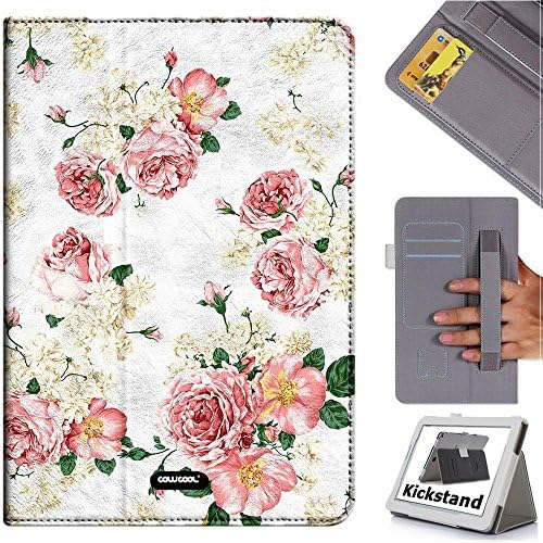 Cowcool(R) Lenovo tab2 A10-70F Folio Non Slip Elastic Hand Strap Dermis Cowhide Leather Card Slot Kickstand Closure Holster Case, Pink Rose Flowers (MD18)