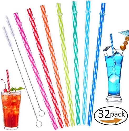 30 Pieces Transparent Strip Reusable Plastic Thick Drinking Straws 9" with Ring,BPA-Free,2 Pieces Cleaning Brush Included
