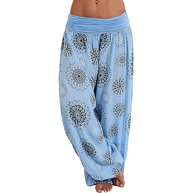 Vertvie Damen Hosen Lang Bedrucken Pumphose Haremshose Sommerhose Yogahose Aladinhose Baggy Harem Stil mit Elastischen Bund