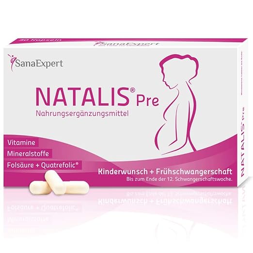 SanaExpert Natalis Pre, Nahrungsergänzung bei Kinderwunsch und Frühschwangerschaft, 20 Nährstoffe wie 800 µg Folsäure, Vitami