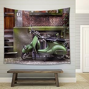 Green Vintage Scooter Parked in Street - Fabric Wall Tapestry Home Decor - 51x60 inches