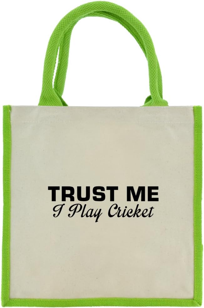 Trust Me I Play Cricket in Black Print Jute Midi Shopping Bag with Green Handles and Trim