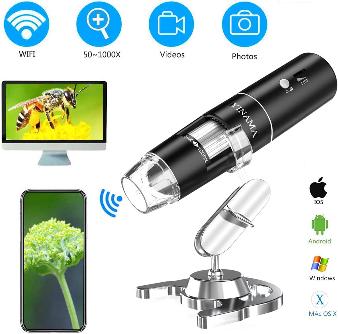 Wireless Endoscope, YINAMA WiFi Borescope WiFi Endoscope 11.5ft/3.5m Snake Inspection Camera IP68 Waterproof Borescope for All iOS Android Phone, iPhone iPad Tablet PC