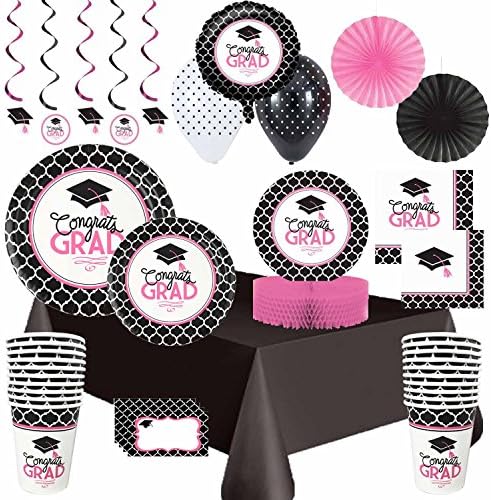 Graduation Disposable Dinnerware Party Supply Pack (200 PC) - Glamorous Grad Black/Pink - Dinner and Dessert Plates, Napkins, Cups, Table Cover, Place Cards and More! (Serves 36 With Decorations)