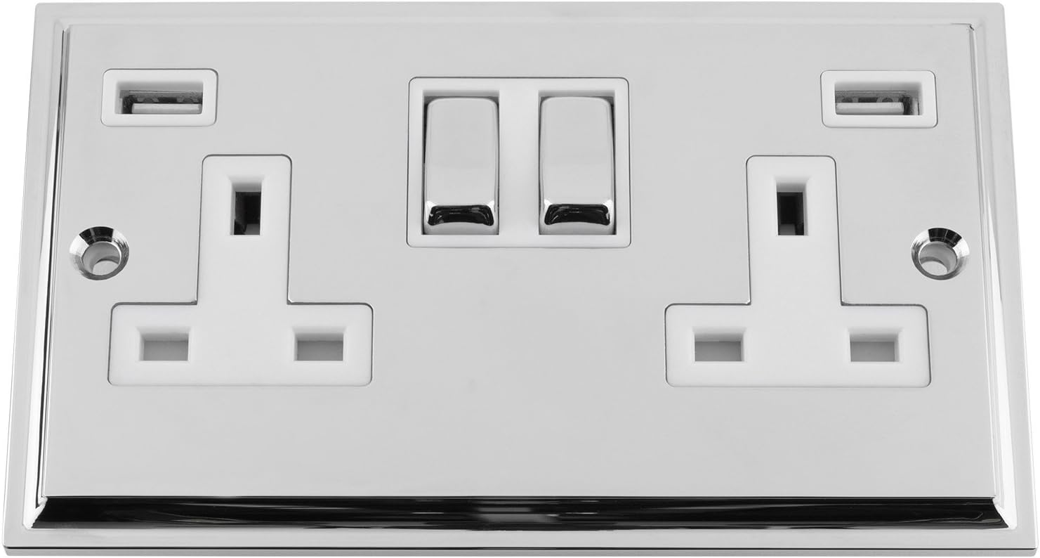 USB Socket 2 Gang Polished Chrome Victorian White Insert Metal Rocker Switch 13A Double