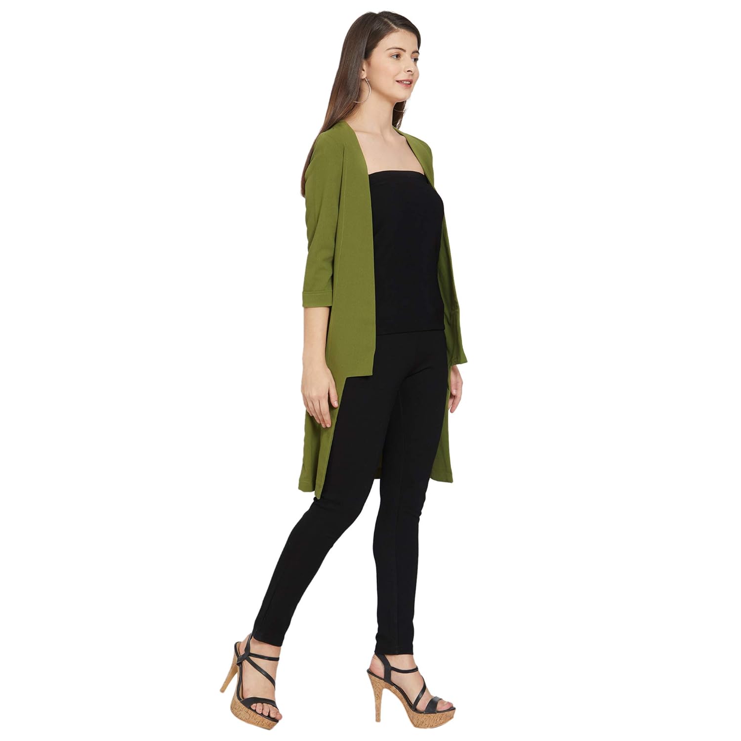 smarty pants women's olive green poly cotton long jacket (smsh_79a)