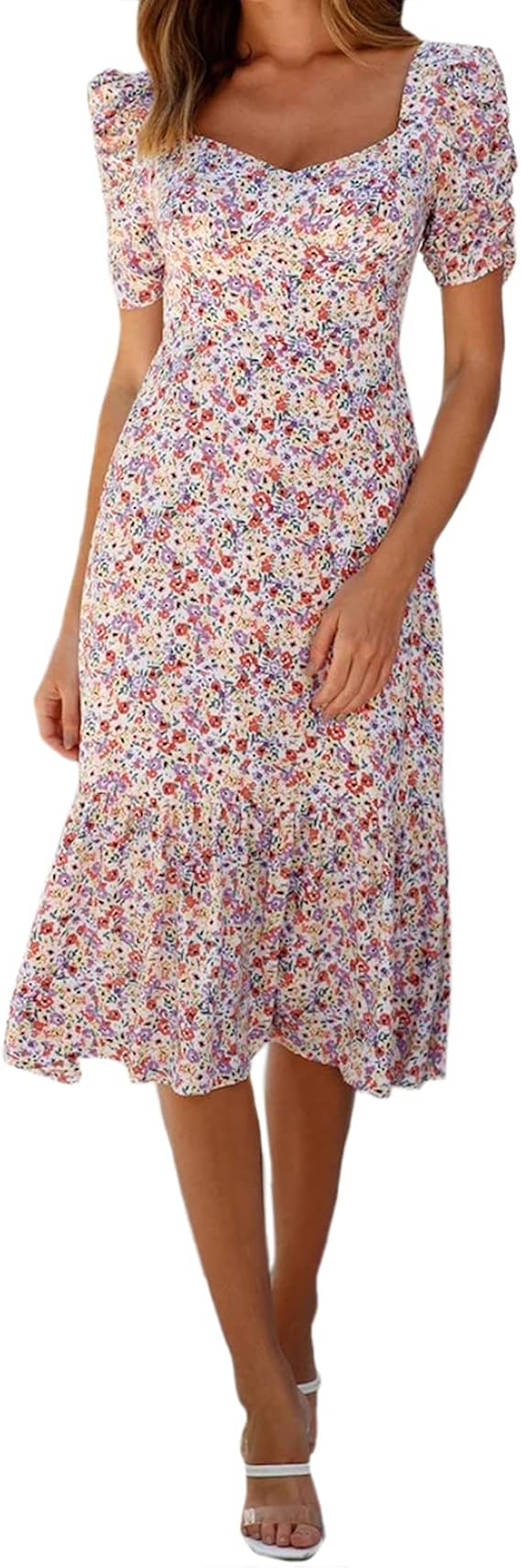Amazon.com: LERENSHA Women's Ditsy Floral Sweetheart Ruched Puff Sleeve Bowknot Back A Line 
