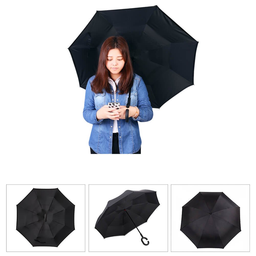 Tdogs Black Inverted Umbrella, Rain Wind Sun-proof Free-style C-Shaped Handle Folding Umbrellas with Rain Cover Car Reverse Umbrella Outdoor Use