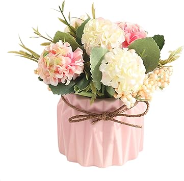 Amazon Com Artificial Flowers Artificial Plants Artificial Flowers Bonsai Artificial Hydrangea Flowers In Ceramic Vase Mini Potted Plant For Wedding Home Party Office Table Decor Kitchen Dining