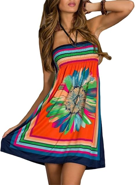Amazon ビグッド Bigood レディース ベアトップワンピース チュニック 花柄 リゾートワンピース カジュアル お出かけ ビーチ ワンピース チュニック 通販