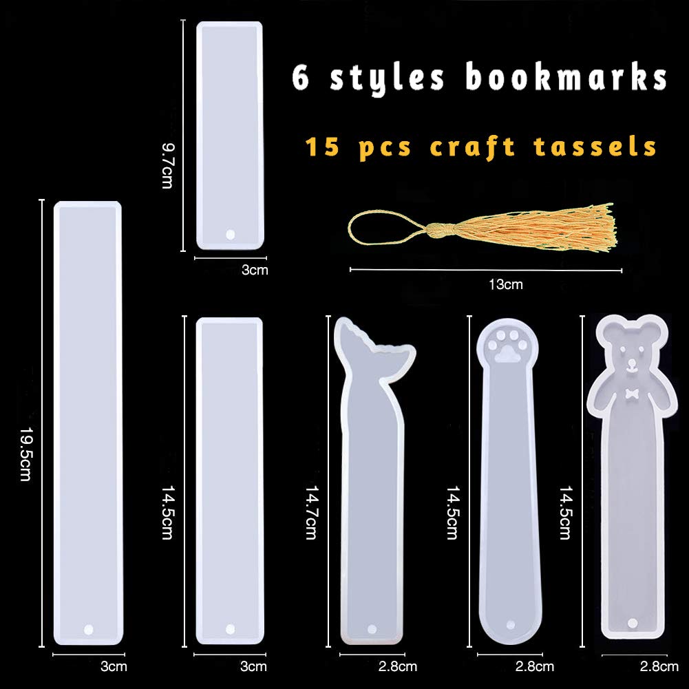 Jatidne 6pcs Resin Moulds Bookmark with Tassels Silicone Bookmark Moulds for Resin Crafting Rectangle, Cat Claw, Cute Bear, Mermaid Tail