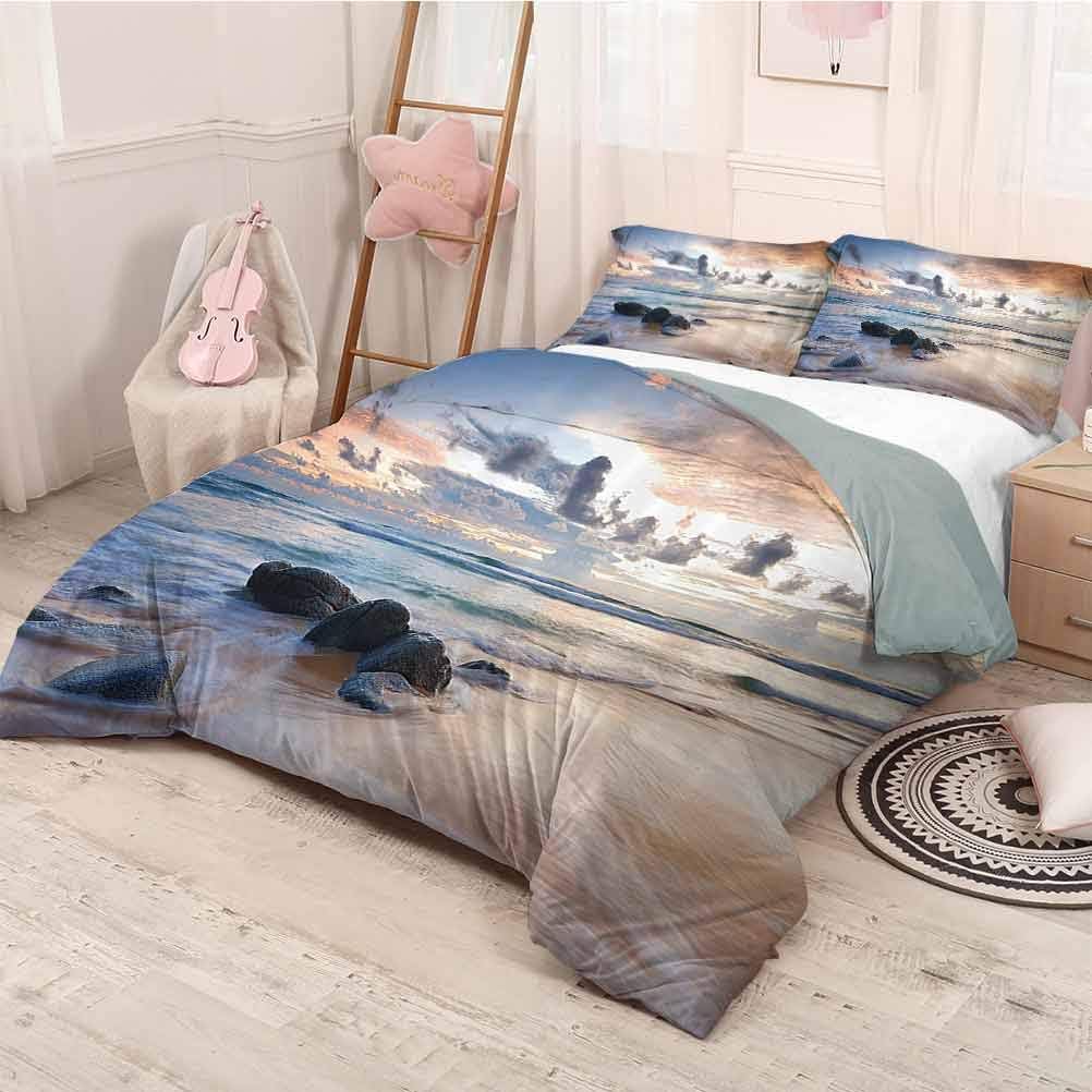 Seaside Decor Collection Extra large quilt cover Rocky Coastline Last Sunlights of the Day Coloring the Clouds Landscape Picture Can be used as a quilt cover-lightweight (King)Ivory Ecru Grey Blue