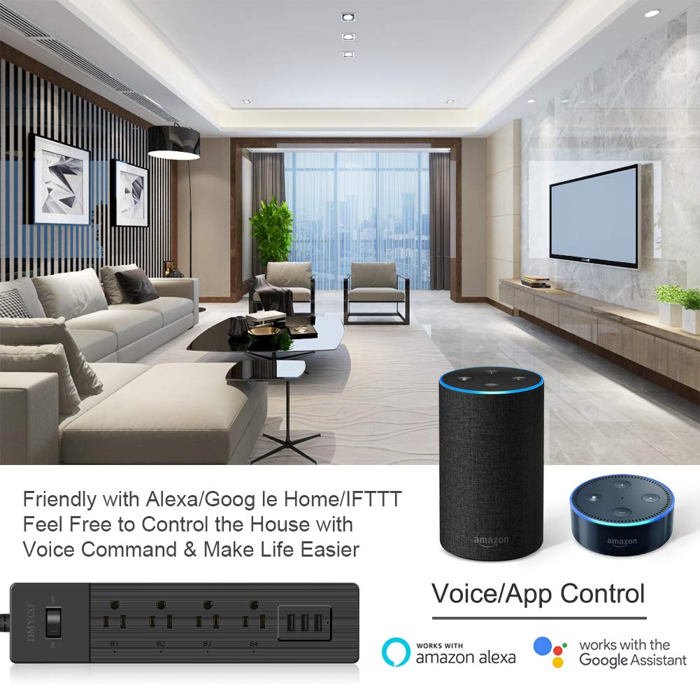 WiFi Smart Power Strip，Multiple Outlet Surge Protector USB Bar，with 3 USB Ports 4 Smart Outlets Overload Switch and 6FT UL Cord, Remote Control, Compatible with Alexa Echo, Google Home and IFTTT