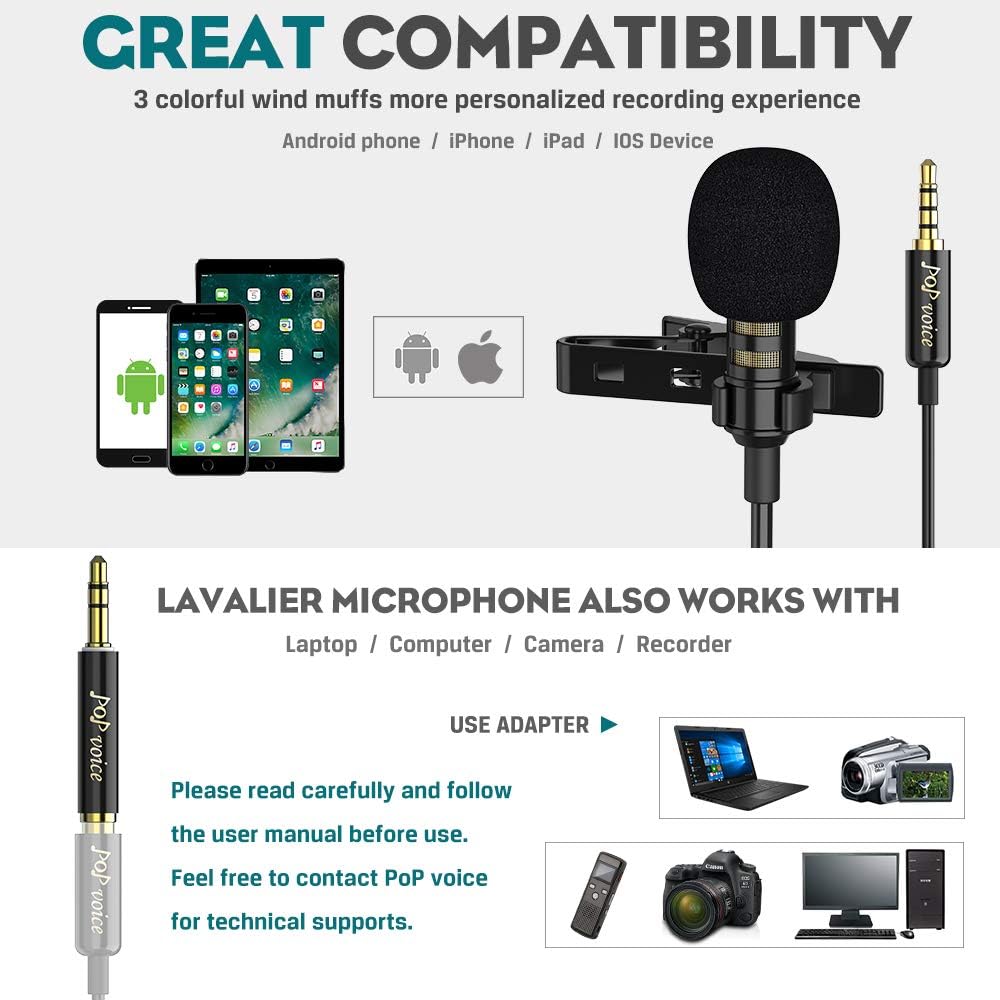 PoP voice Upgraded Lavalier Lapel Microphone, Omnidirectional Condenser Mic for Apple iPhone iPad Mac Android Smartphones, Youtube, Interview, Studio, Video, Recording,Noise Cancelling Mic: Musical Instruments
