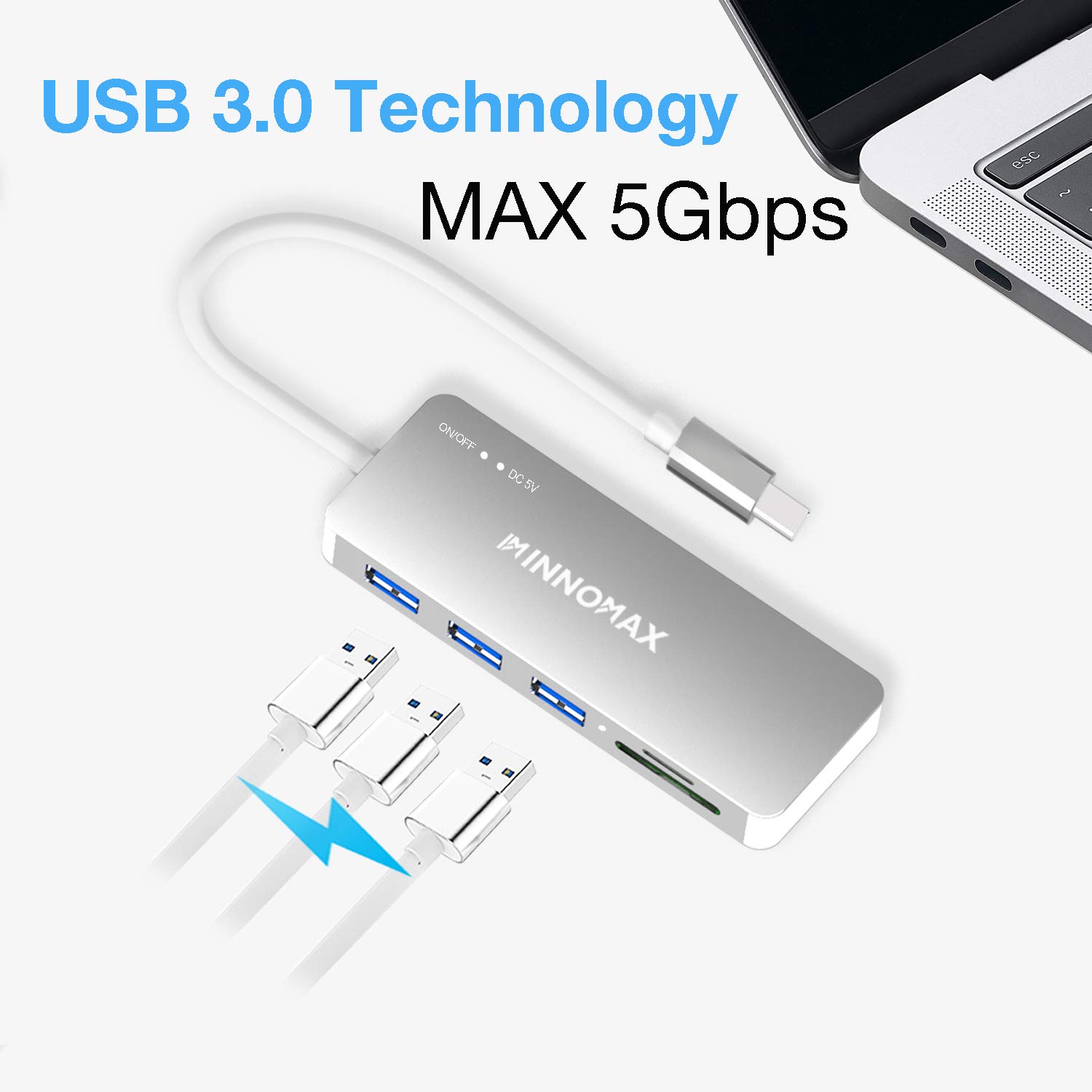 INNOMAX MacBook Pro Powered USB C Hub/Adapter with Smart SD Card Reader,3 USB 3.0 Ports for New MacBook Pro13”15” 2016 2017 with Thunderbolt3 Ports,Apple MacBook12”and Computer withUSB C Port,Silver