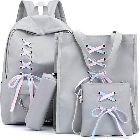 Amazon Co Jp Tickasティーンエイジャーの女の子のための4個のキャンバスバックパック旅行リュックサックリボンスクールバッグ ホーム キッチン