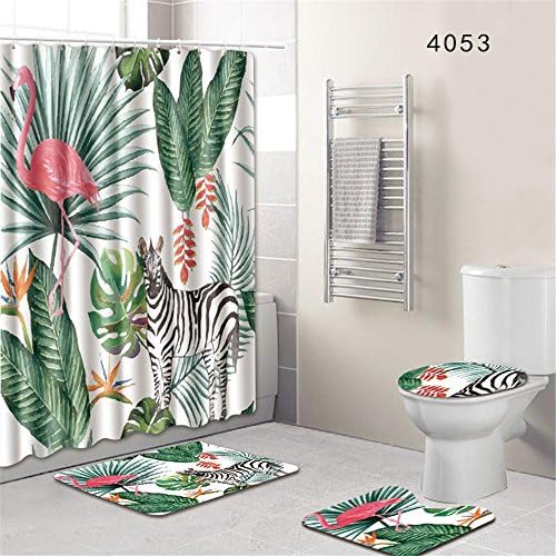 Oyeahbridal Set of 4 Ins Fashion Style Shower Curtain and Bath Mat Set,Flamingo Art Decor Waterproof Non-slip Bathroom Curtain and Rug Set with Hooks(Multi 8)