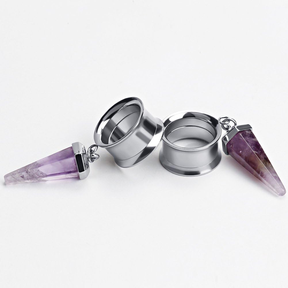 KUBOOZ 1 pair of stainless steel amethyst stone pendant ear plugs tunnels gauges stretch piercings, 316L, Silver - Image 3