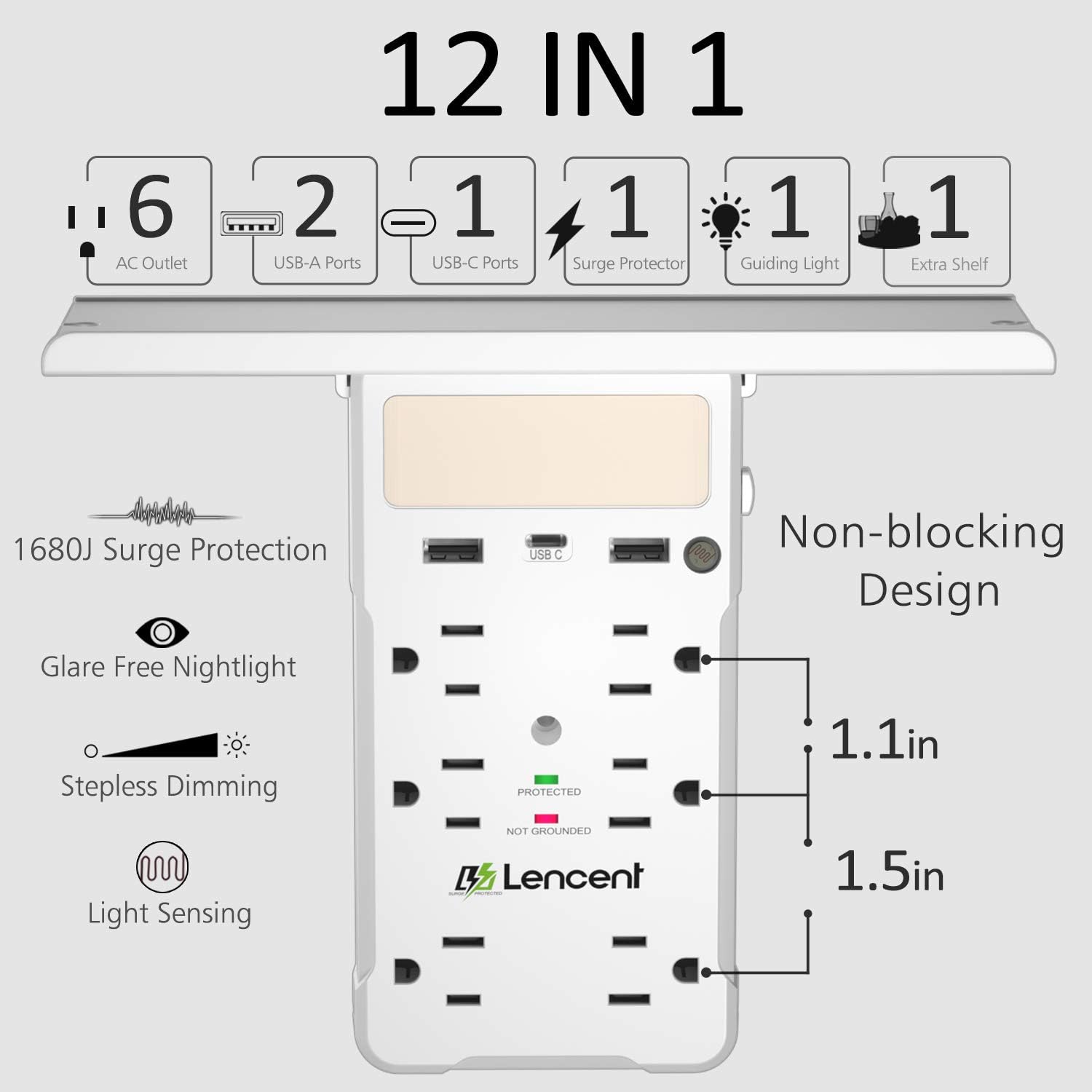 Socket Shelf, LENCENT Surge Protector Multi Plug Outlet Extender Extension with 6 Prong, USB C and Night Light, Type C Wall Charger Adapter Power Strip Multiple Socket Splitter Expander - ETL Listed - - 