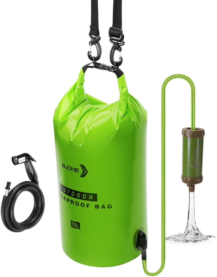 Bjone Water Purification System, 15L High-Volume Gravity-Fed Water Bag with Purifier and Handheld Shower Head with Hose for Camping and Emergency Preparedness