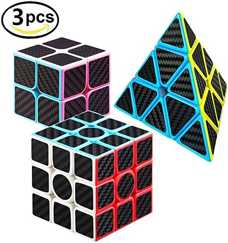 BUDI 3 Pcs Cool Speed cube (2x2, 3x3, Pyraminx)Puzzle Cube Rubicks Cube Carbon Fiber Stickers Cool Smooth Puzzle Games for Brain Teasers Puzzle Enthusiasts Cube Beginners
