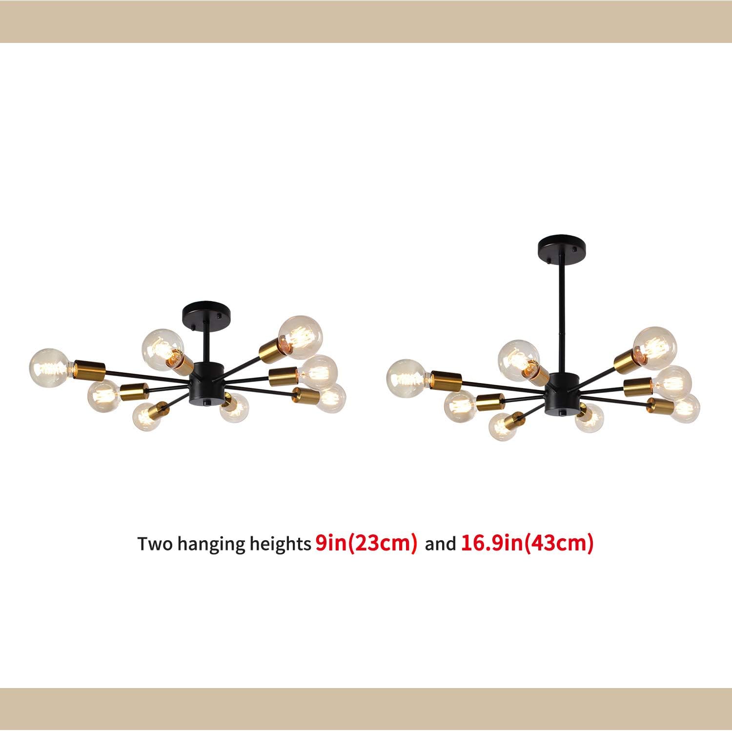 JHLBYL Sputnik Chandeliers 8 Lights Modern Pendant Lighting Black Vintage Semi Flush Ceiling Light Fixture for Kitchen Dining Room Living Room, Golden Lamp Holder: Home Improvement