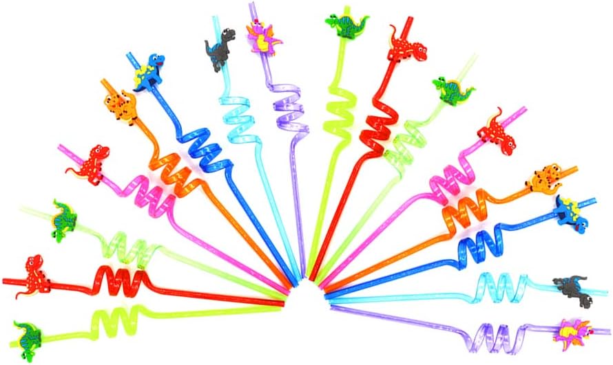 TOPofly Curly Party Straw 16Pcs Reusable Plastic Drinking Straw Birthday Party Baby Shower Dinosaur Curly Straw