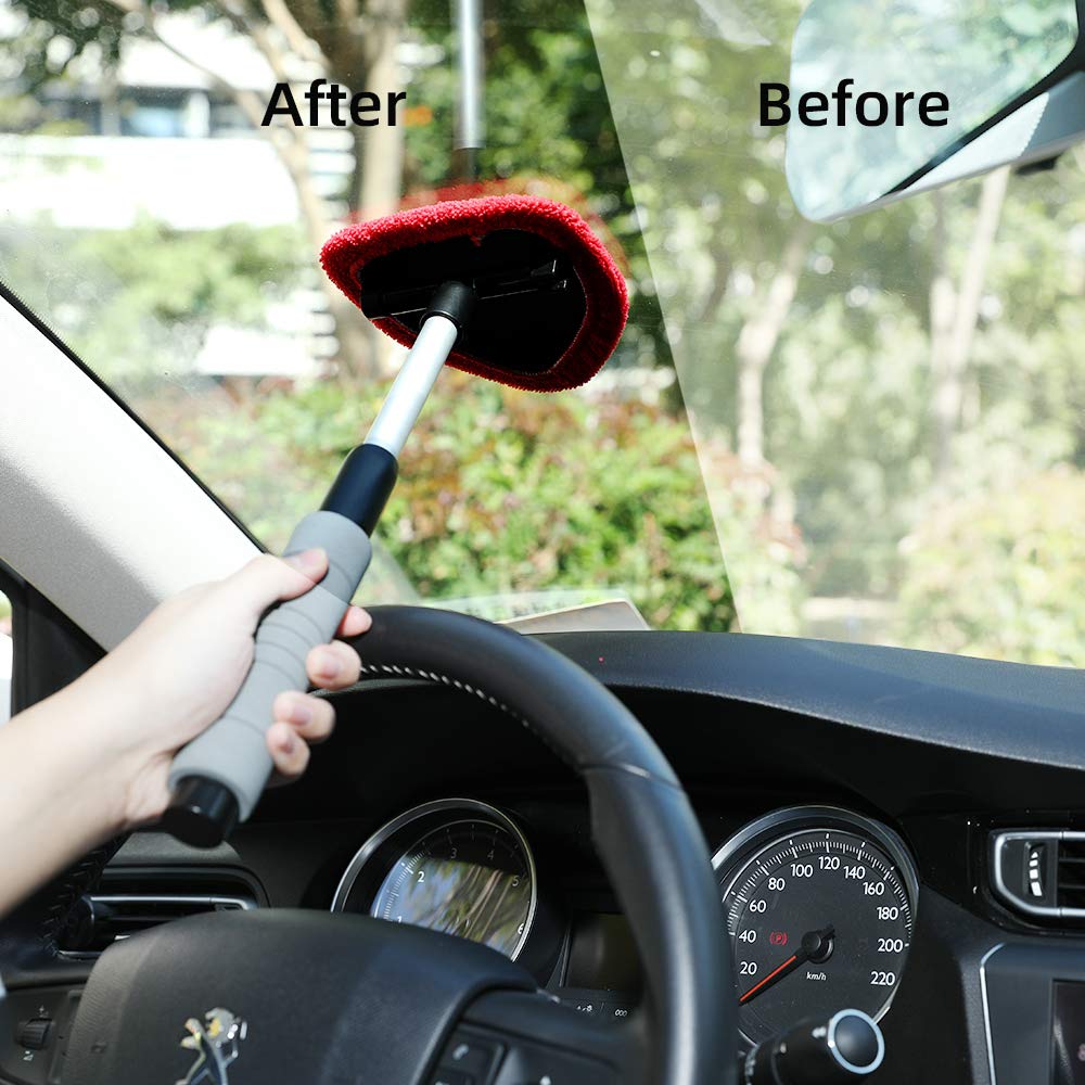 QUEES Windshield Cleaning Tool Unbreakable Car Window Glass Cleaner with Extendable Handle and 2 Washable Reusable Microfiber Pads 1 Wash Sponge