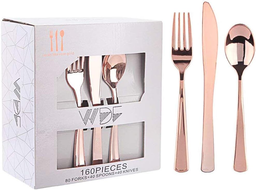 160 Piece Rose Gold Heavyweight Disposable Cutlery Set - Plastic Silverware Flatware - Includes 80 Forks, 40 Spoons, 40 Knives - WDF (Rose Gold)