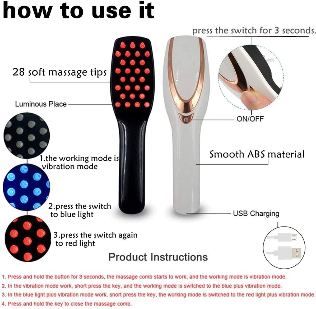 Phototherapy Scalp Massager Comb for Hair Growth Phototherapy Hair Regrowth Brush,Anti Hair Loss Head Care Electric Massage Comb Brush with USB Rechargeable - Image 4