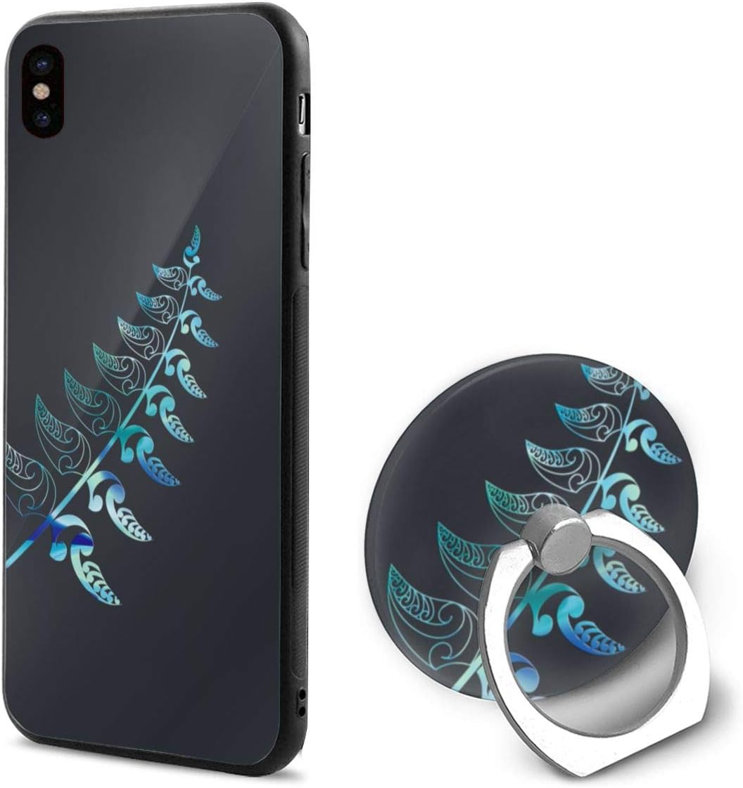 New Zealand Maori Fern Blue Slim Hard PC Back Protective Cover Anti-Scratch Shockproof Case with Ring Holder for iPhone X/iPhone Xs 5.8 Inch Black