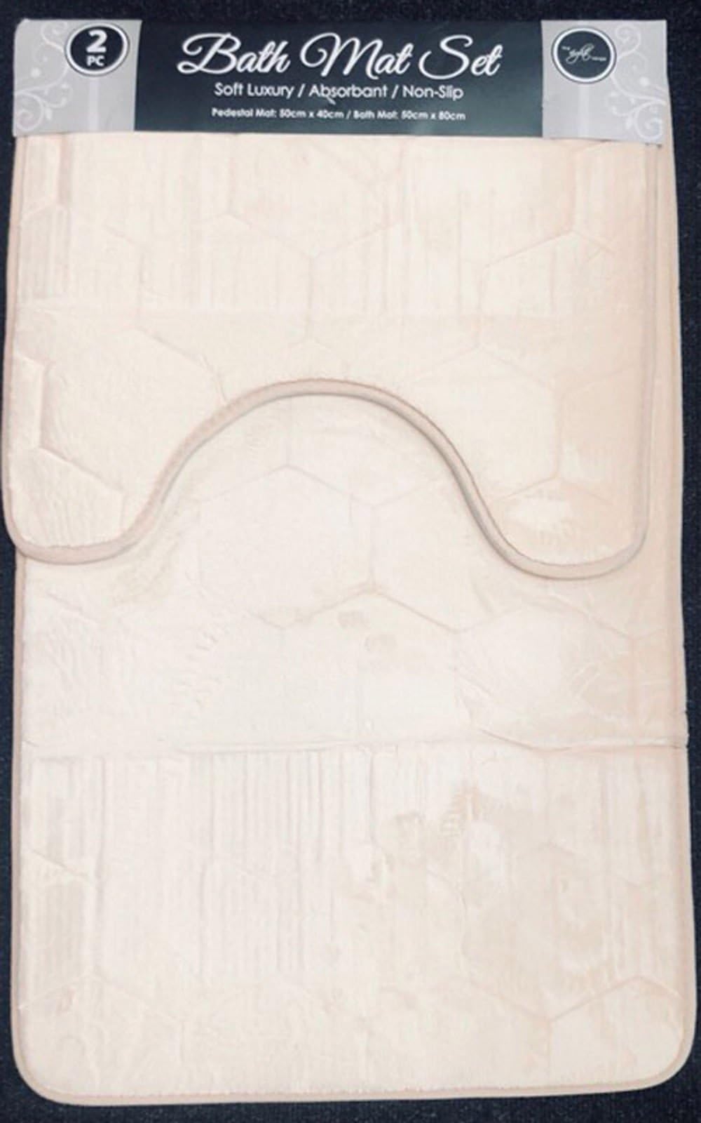 Artistic Fashionista 2 Pieces Luxurious Quality EMBOSSED MEMORY FOAM BATH MAT SET Non-Slip, Absorbable & Washable Pedestal Mat and Bath Mat Bathroom Rug (Cream)