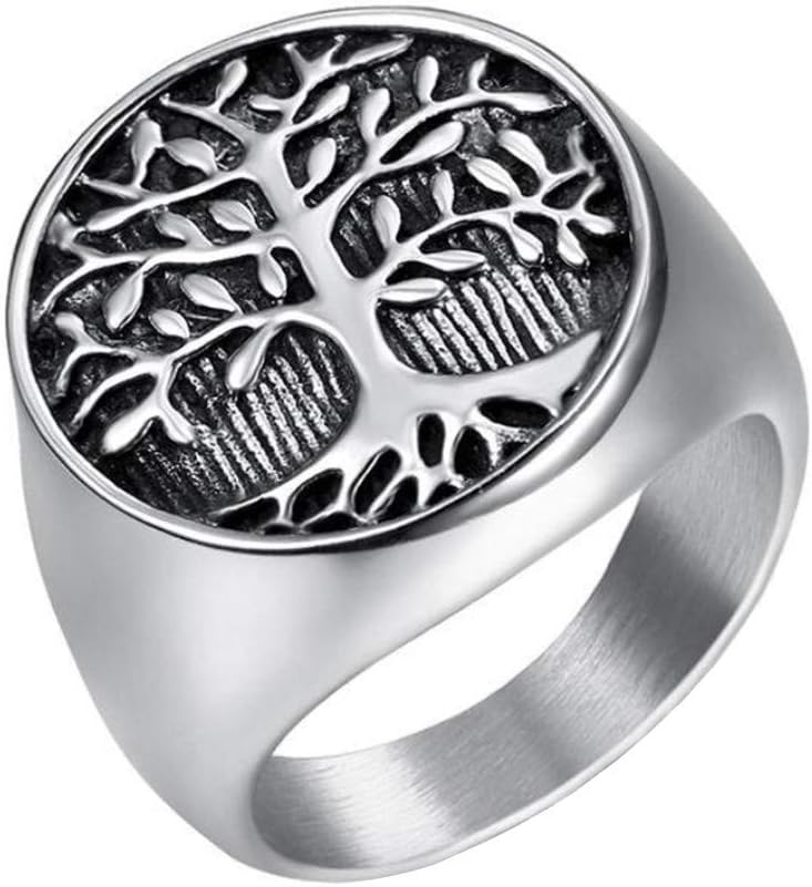 IFUAQZMen's Stainless Steel Vintage Gold Plated Tree of Life Ring Signet Biker Band Round Top