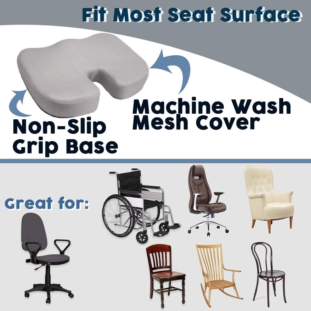 Memory Foam Seat Cushion for Office Chair, Non-Slip Orthopedic Memory Foam Coccyx Cushion for Long Sitting, Cushion for Office Chair Car Seat Cushion, Tailbone Pain Relief Cushion, Gray Mesh Cover: Home & Kitchen