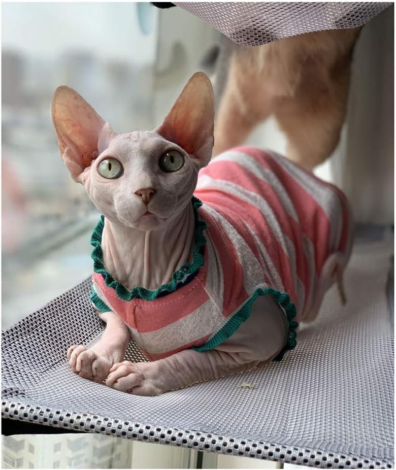 Khemn 丨 FABRICS 丨HANDMADE丨Striped Ruffled Hems Cat Summer Shirt Cat Pajamas Cat Clothes (S, Pink)