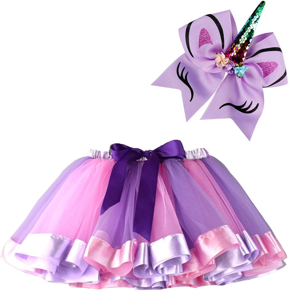 BGFKS Layered Ballet Tulle Rainbow Tutu Skirt for Little Girls Dress Up with Matching Sparkly Unicorn Hairbow